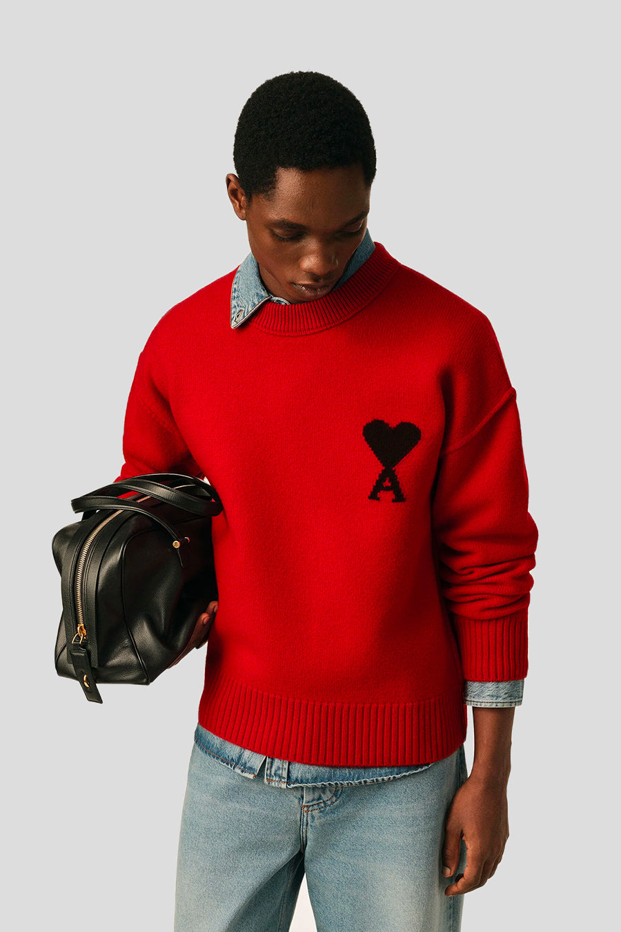 AMI PARIS - RED AND BLACK CONTRASTED ADC CREW NECK SWEATER - LE LABO STORE