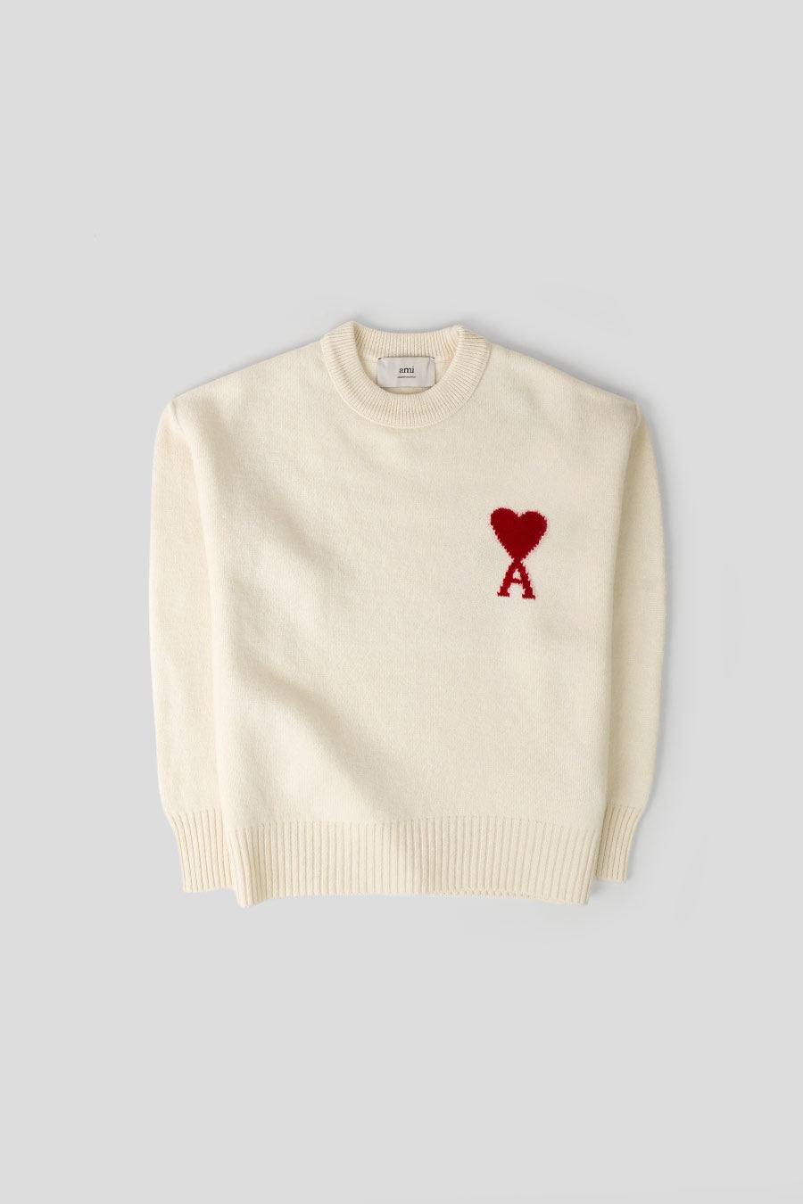 AMI PARIS -  ECRU AND RED AMI DE COEUR ROUND-NECK WOOL SWEATER - LE LABO STORE