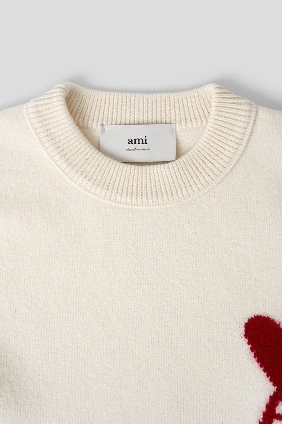AMI PARIS -  ECRU AND RED AMI DE COEUR ROUND-NECK WOOL SWEATER - LE LABO STORE