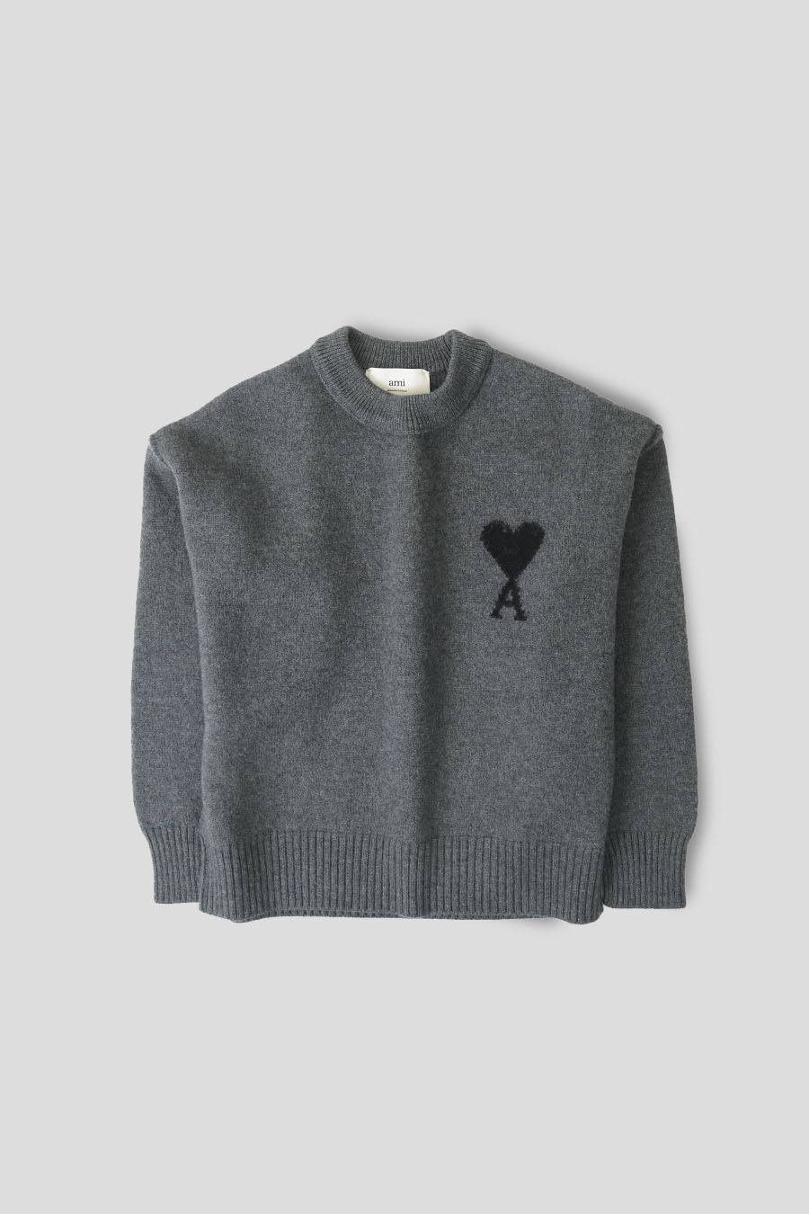 AMI PARIS - PULL COL ROND EN LAINE AMI DE COEUR GRIS CHINÉ ET NOIR - LE LABO STORE