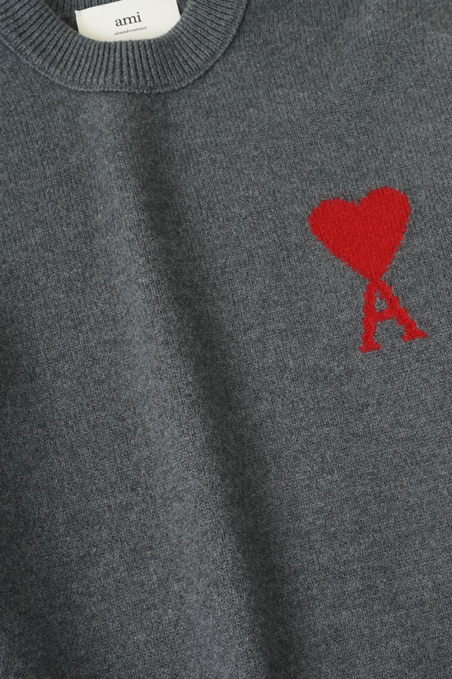 AMI PARIS - HEATHER GREY AND RED AMI DE COEUR ROUND-NECK WOOL SWEATER - LE LABO STORE