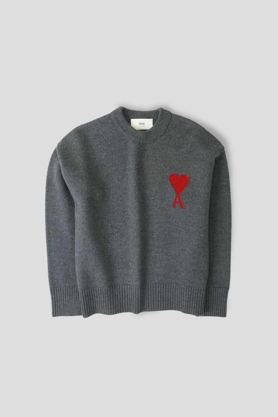 AMI PARIS - HEATHER GREY AND RED AMI DE COEUR ROUND-NECK WOOL SWEATER - LE LABO STORE