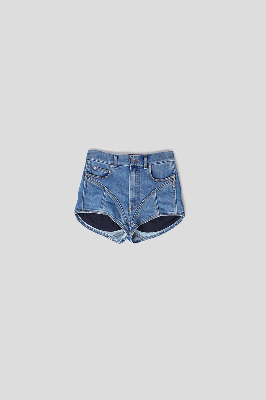 MUGLER - BLUE BI-MATERIAL DENIM SHORTS - LE LABO STORE