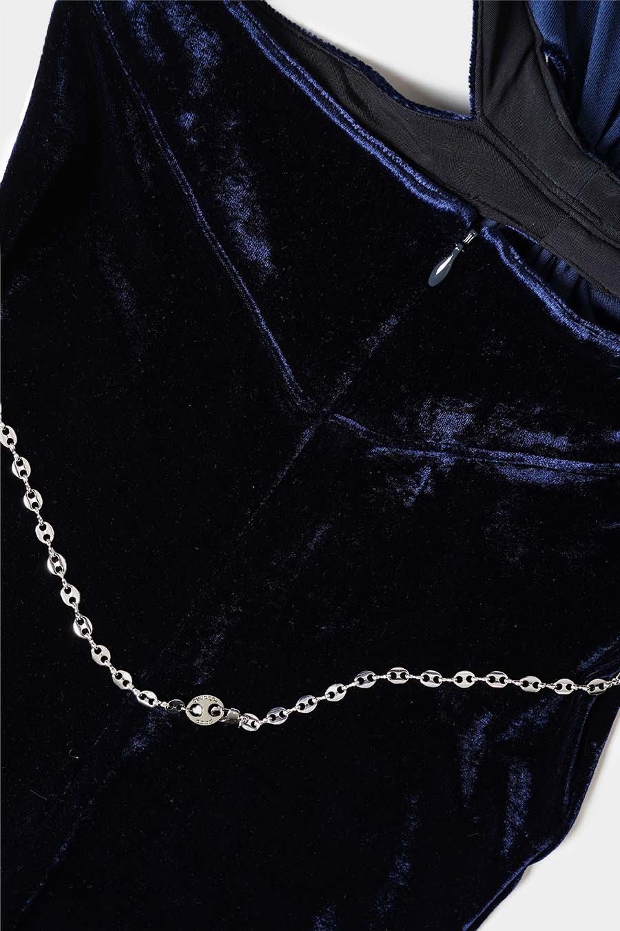 Rabanne - LONG VELVET DRESS WITH NAVY BLUE JEWELED BELT - LE LABO STORE